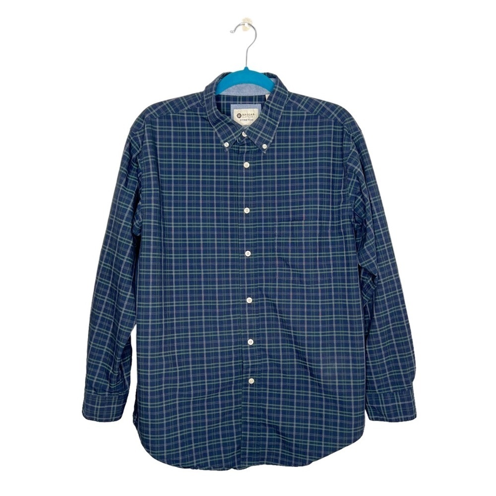 Haggar Stretch Navy Blue & Green Plaid Button Down Shirt